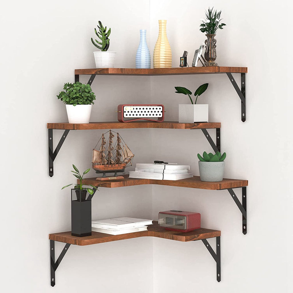 4Packs Per Set Corner Floating Shelf Wall Mount Display Storage Shelf Organizer Wood Metal Bedroom Living Room Decoration