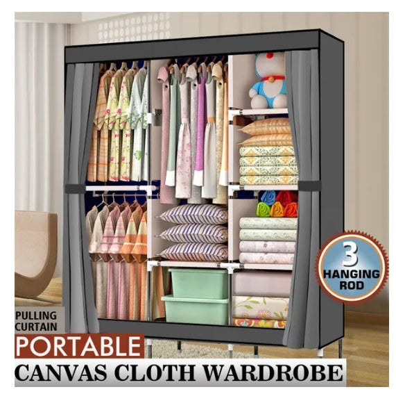 Portable Closet Wardrobe Clothes Rack Storage Organizer With Shelf Gray