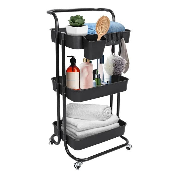 3-Tier Rolling Utility Cart – Movable Storage with Hooks