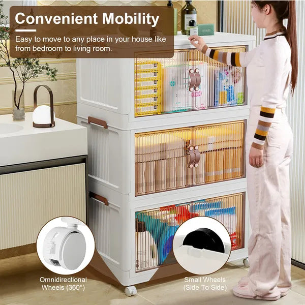 3Pcs Foldable Storage Bins With Lid Front Magnetic Door Collapsible Stackable Closet Organizer Containers With 4Pcs Rotatable Wheels 8Pcs Small Wheels