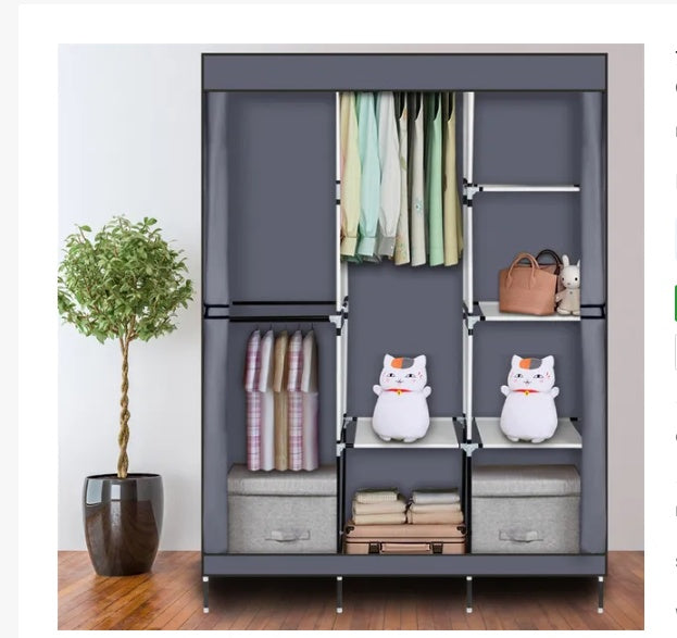 Portable Closet Wardrobe Clothes Rack Storage Organizer With Shelf Gray