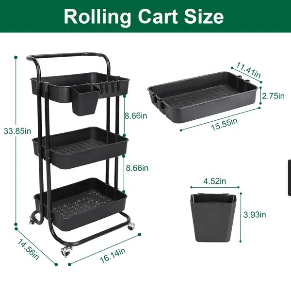 3-Tier Rolling Utility Cart – Movable Storage with Hooks