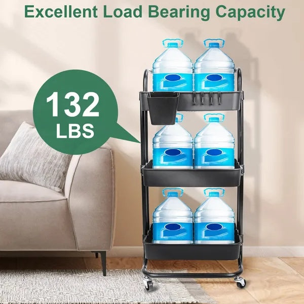 3-Tier Rolling Utility Cart – Movable Storage with Hooks