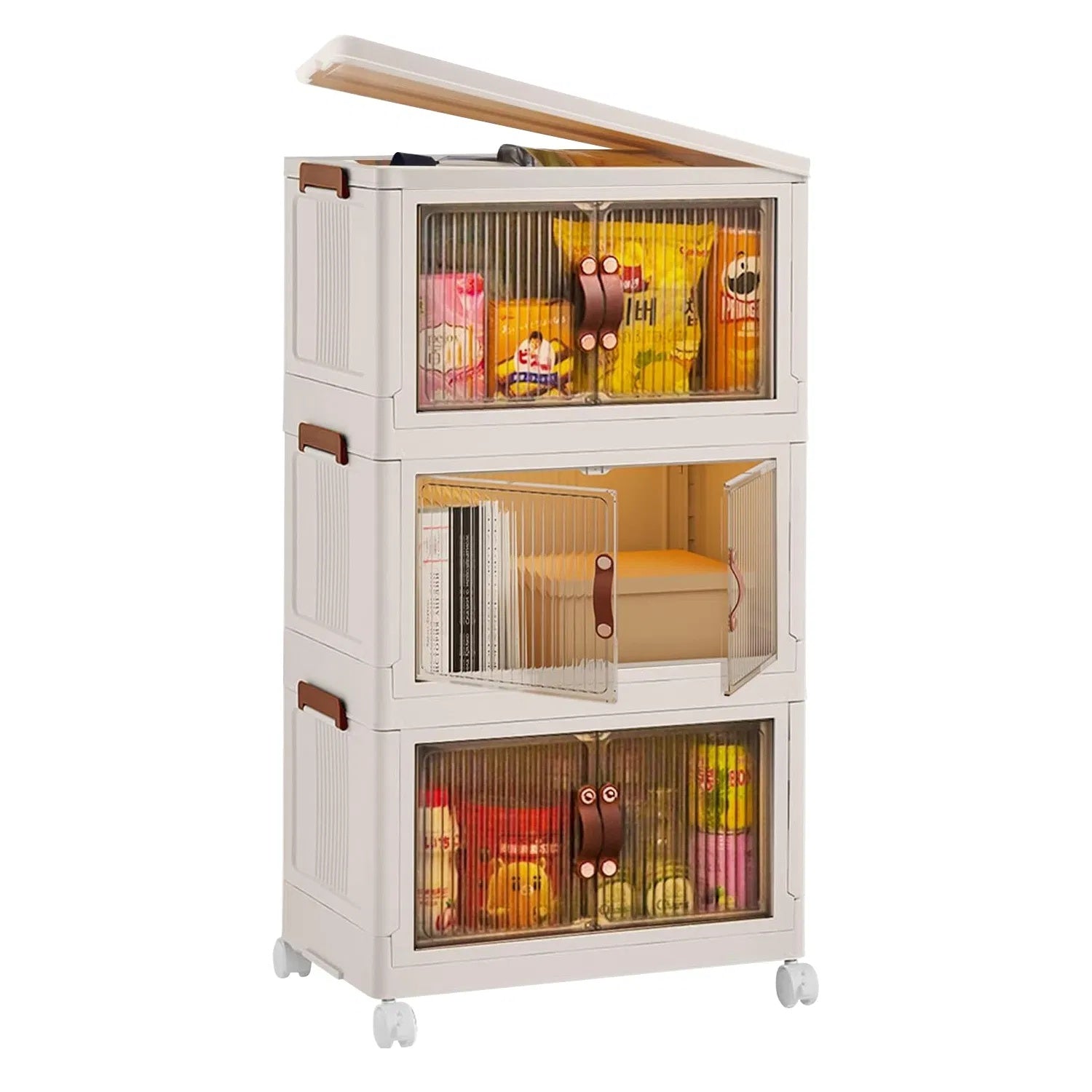 3Pcs Foldable Storage Bins With Lid Front Magnetic Door Collapsible Stackable Closet Organizer Containers With 4Pcs Rotatable Wheels 8Pcs Small Wheels