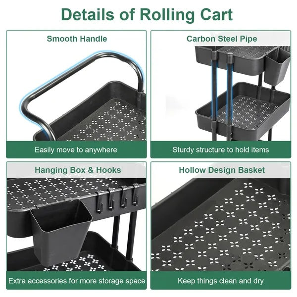 3-Tier Rolling Utility Cart – Movable Storage with Hooks